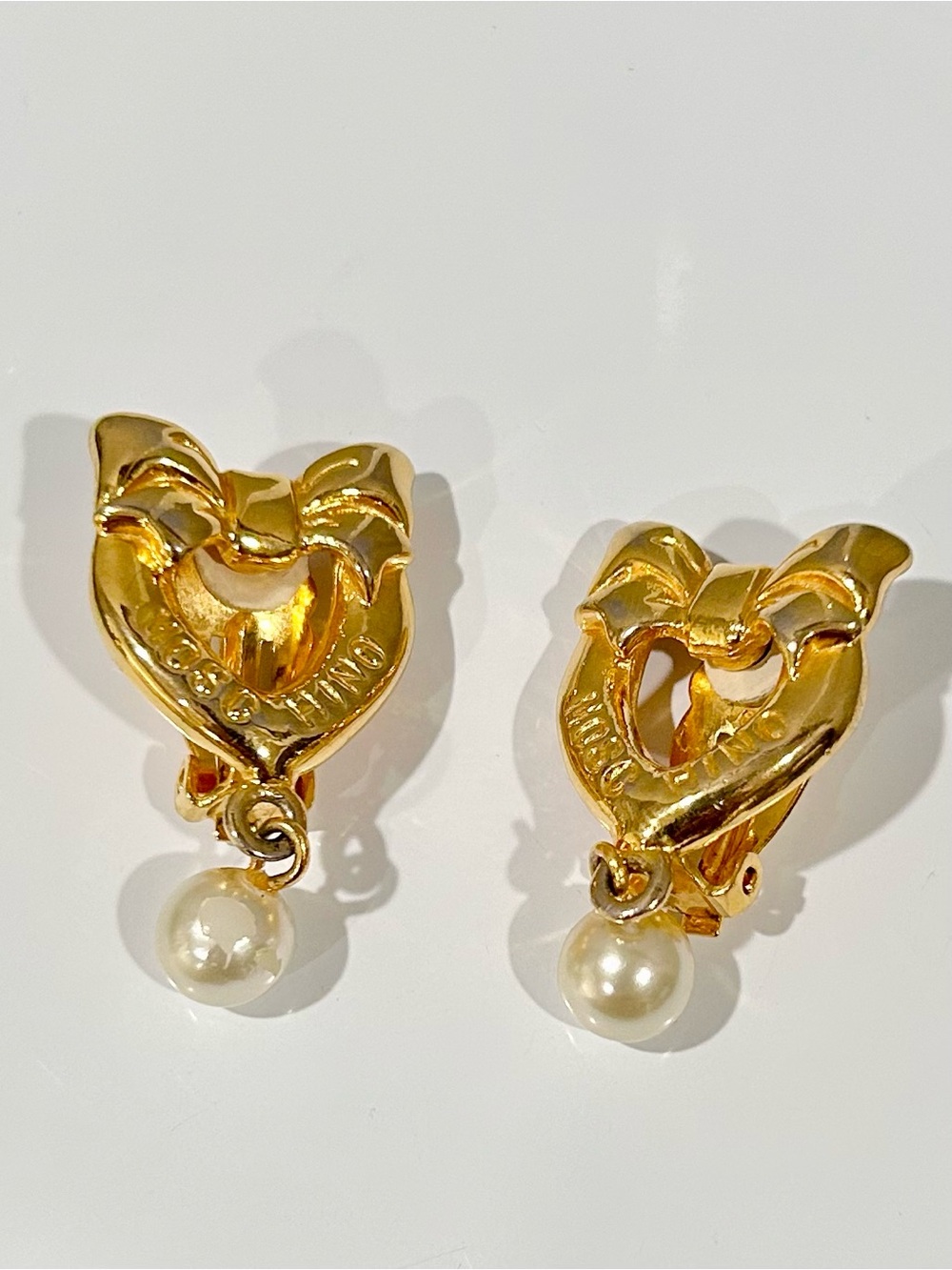 Vintage Moschino Gold Tone Heart Bow Earrings with Pearl Drop